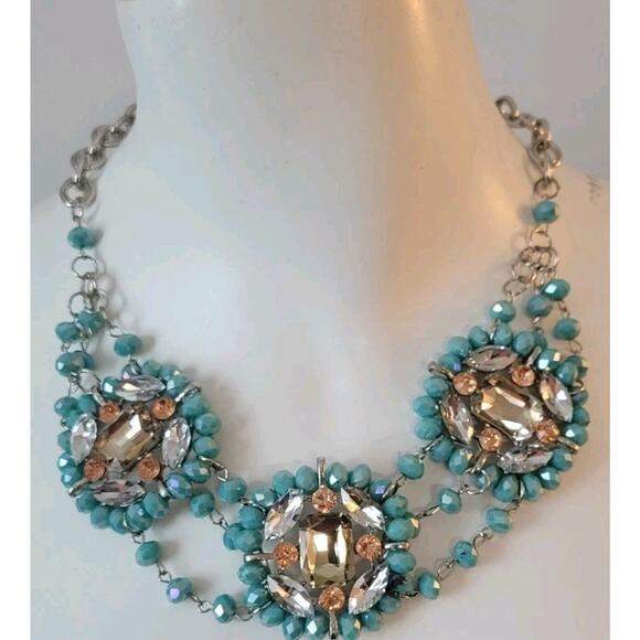 Statement Necklace Three Row Crystal & Rhinestone Choker Silver Color Chain 21" - Picture 1 of 6